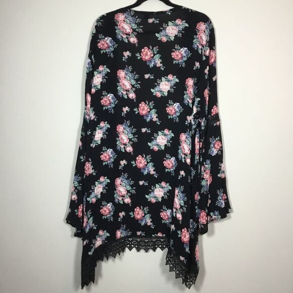 Bell sleeve roses pattern embroidery black cover up duster boho hippie floaty 2X - Picture 6 of 9
